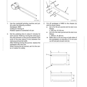 May include: Diagram of a clamp jig assembly for polishing, with detailed instructions and measurements in millimeters. Includes illustrations of sandpaper shapes and specifications for crankshaft grinding.