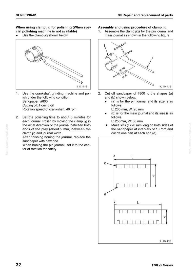 May include: Diagram of a clamp jig assembly for polishing, with detailed instructions and measurements in millimeters. Includes illustrations of sandpaper shapes and specifications for crankshaft grinding.