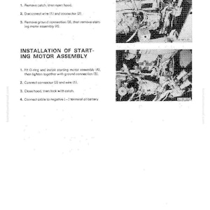 Op de afbeelding: Een pagina uit een handleiding met instructies voor het verwijderen en installeren van een startmotor. De tekst bevat diagrammen en stappen, met de titel "Verwijdering van de startmotor" bovenaan.