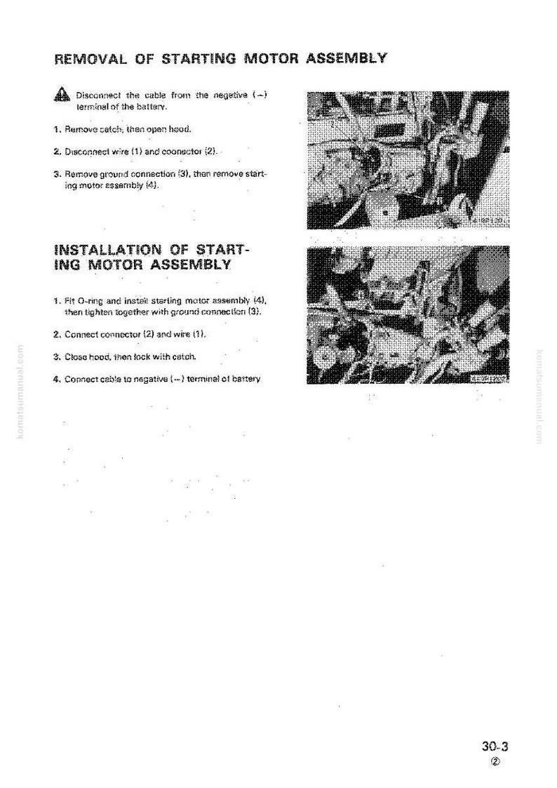 Op de afbeelding: Een pagina uit een handleiding met instructies voor het verwijderen en installeren van een startmotor. De tekst bevat diagrammen en stappen, met de titel "Verwijdering van de startmotor" bovenaan.