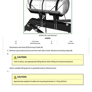 Puede incluir: Diagrama del procedimiento de extracci&oacute;n del dep&oacute;sito, con etiquetas para los tornillos de la tapa, las correas de montaje y la manguera de ventilaci&oacute;n. El texto incluye una advertencia sobre el peso del dep&oacute;sito, aproximadamente 119 kg.