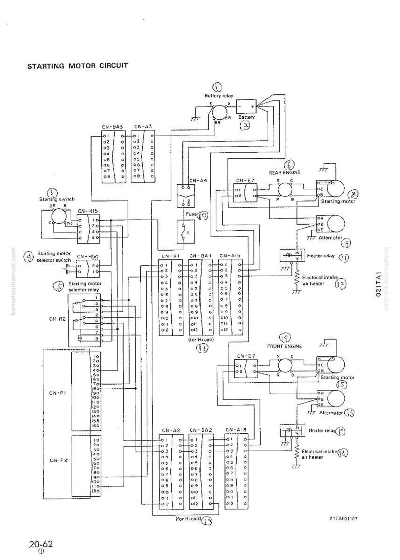 May include: A detailed schematic diagram of a starting motor circuit, featuring various components like relays, switches, and connectors. The diagram includes labels and numerical references for each part, with the text "STARTING MOTOR CIRCUIT" at the top.