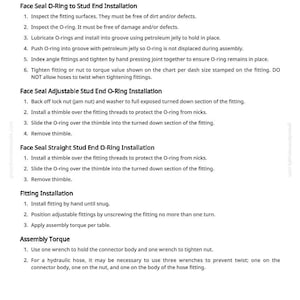 May include: A page from a manual detailing the assembly and installation of face seal fittings. Instructions include steps for O-ring installation, adjustable stud end, and straight stud end, with diagrams and torque specifications.