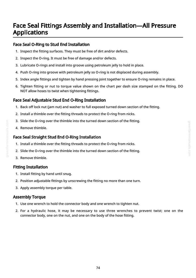 May include: A page from a manual detailing the assembly and installation of face seal fittings. Instructions include steps for O-ring installation, adjustable stud end, and straight stud end, with diagrams and torque specifications.