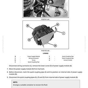 Op de afbeelding: Diagram van een voedingsmodule met labels en een legenda. De afbeelding bevat close-ups van de module, bedradingsconnectoren en snelkoppelingen. Er zijn ook tekstinstructies opgenomen.