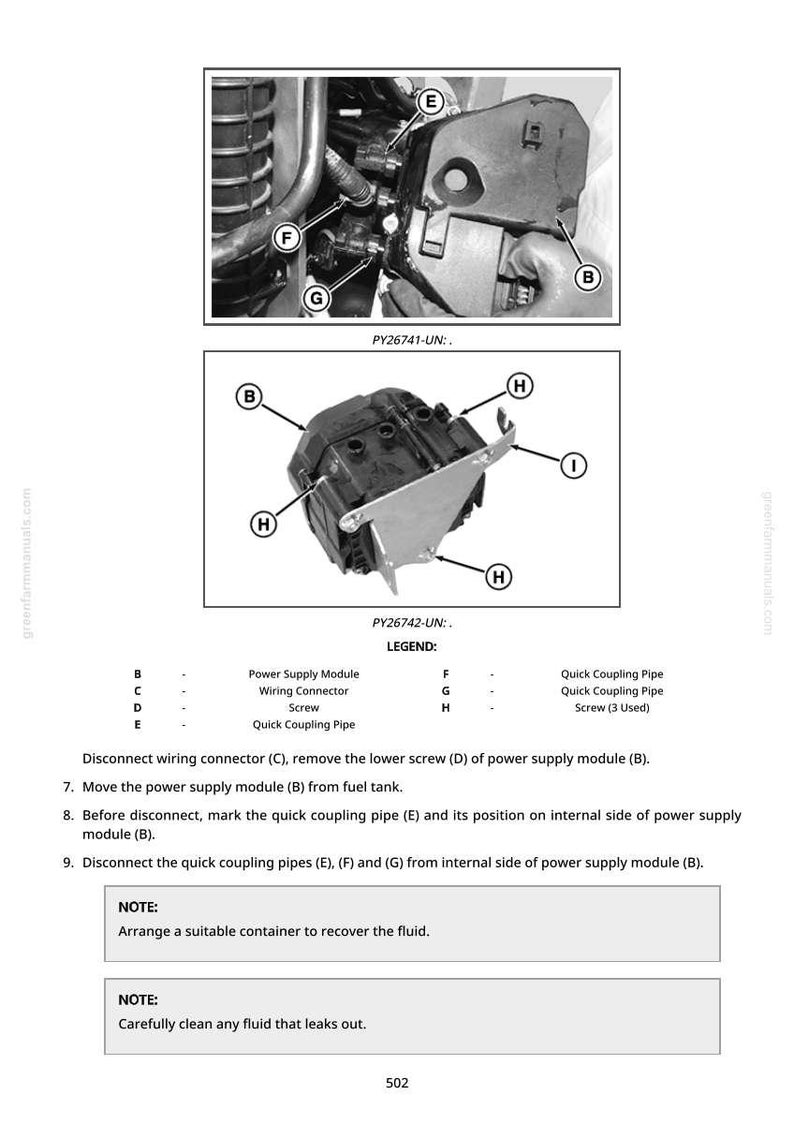 Op de afbeelding: Diagram van een voedingsmodule met labels en een legenda. De afbeelding bevat close-ups van de module, bedradingsconnectoren en snelkoppelingen. Er zijn ook tekstinstructies opgenomen.