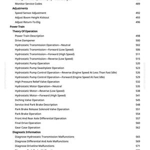 May include: A detailed contents list from a manual, with sections and page numbers. Topics include battery testing, adjustments, power train operation, and diagnostic information. The text is black on a white background.