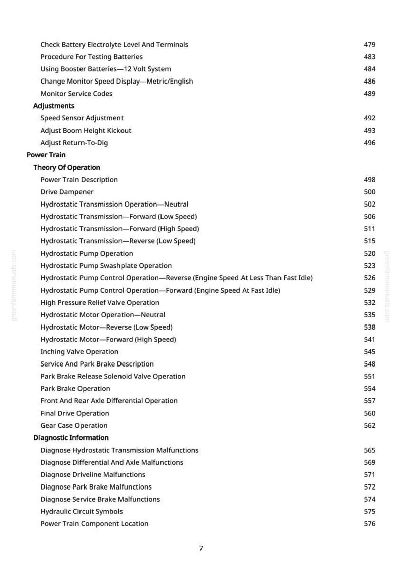 May include: A detailed contents list from a manual, with sections and page numbers. Topics include battery testing, adjustments, power train operation, and diagnostic information. The text is black on a white background.
