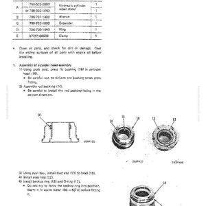 May include: Diagram of a steering cylinder assembly with a parts list. Includes illustrations of components like bushings, rings, and a clamp. Text details assembly steps and part numbers for repair.