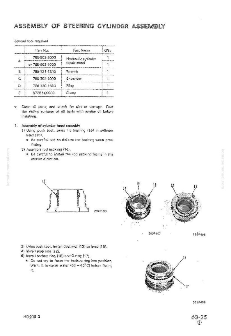 May include: Diagram of a steering cylinder assembly with a parts list. Includes illustrations of components like bushings, rings, and a clamp. Text details assembly steps and part numbers for repair.