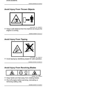 May include: A document displaying safety labels without text, featuring hazard symbols. Warnings are given to avoid injury from thrown objects, tipping, and revolving blades. Instructions include reading the manual and maintaining safe distances.