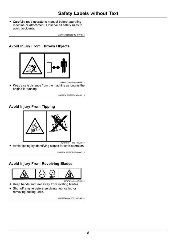 May include: A document displaying safety labels without text, featuring hazard symbols. Warnings are given to avoid injury from thrown objects, tipping, and revolving blades. Instructions include reading the manual and maintaining safe distances.