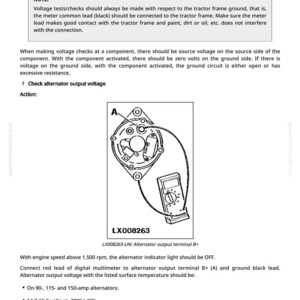 K&ouml;nnte beinhalten: Diagramm eines Lichtmaschinen-Schaltungstests mit einem angeschlossenen Multimeter. Der Text enth&auml;lt Anweisungen f&uuml;r Spannungstests und erwartete Messwerte bei verschiedenen Temperaturen, wie z. B. 25&deg;C.