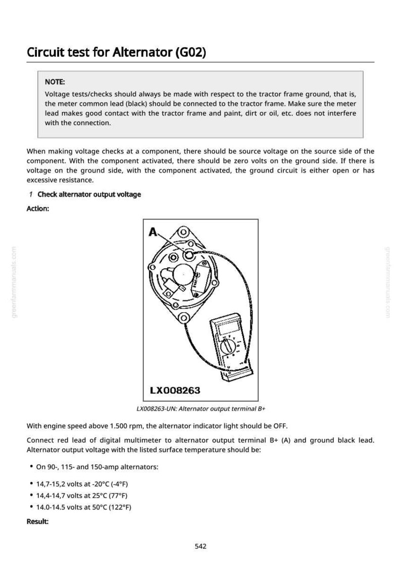 K&ouml;nnte beinhalten: Diagramm eines Lichtmaschinen-Schaltungstests mit einem angeschlossenen Multimeter. Der Text enth&auml;lt Anweisungen f&uuml;r Spannungstests und erwartete Messwerte bei verschiedenen Temperaturen, wie z. B. 25&deg;C.