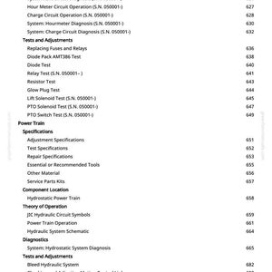 May include: A page from a manual with a table of contents. The text includes topics like PTO Solenoid Operation, Lift Circuit Operation, and various tests and adjustments. Page numbers are listed on the right.
