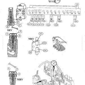 May include: Detailed technical diagram of hydraulic mining shovel parts and service. The image includes various components labeled with numbers and letters, such as SRV and MRV valves, along with a pressure gauge and other mechanical elements.