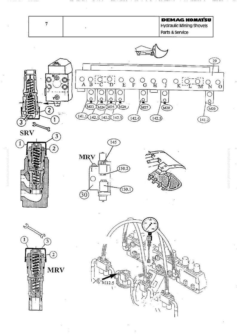 May include: Detailed technical diagram of hydraulic mining shovel parts and service. The image includes various components labeled with numbers and letters, such as SRV and MRV valves, along with a pressure gauge and other mechanical elements.