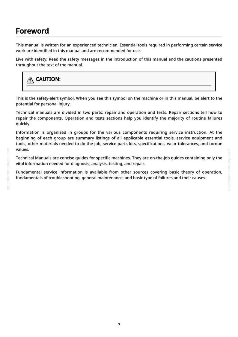 May include: A white page from a technical manual with the title "Foreword". The text includes safety warnings and instructions for experienced technicians. A "CAUTION" symbol is present.