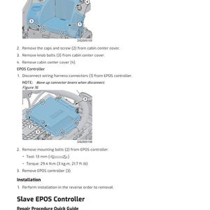 May include: Diagram of a cabin center cover and EPOS controller with numbered components for removal and installation. Includes torque specifications and tool size in inches and pounds.
