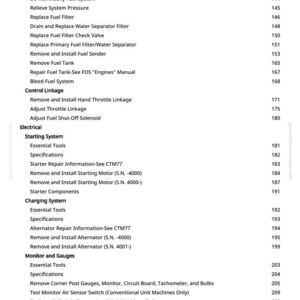May include: A detailed table of contents from a manual, listing various sections such as Fuel System, Electrical, Starting System, and Monitor and Gauges. The text is black on a white background, with page numbers on the right.