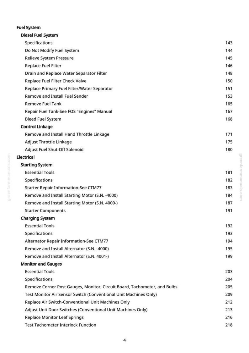 May include: A detailed table of contents from a manual, listing various sections such as Fuel System, Electrical, Starting System, and Monitor and Gauges. The text is black on a white background, with page numbers on the right.