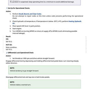 Pode incluir: Um documento branco intitulado "Verifica&ccedil;&otilde;es operacionais do diferencial e MFWD" com instru&ccedil;&otilde;es para a manuten&ccedil;&atilde;o do ve&iacute;culo. O documento inclui etapas para verifica&ccedil;&otilde;es operacionais, resultados e notas. O texto &eacute; em preto.