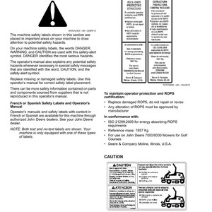Puede incluir: Una p&aacute;gina de manual titulada &laquo;Safety Labels Text&raquo;. Contiene advertencias, s&iacute;mbolos de seguridad e instrucciones para mantener la protecci&oacute;n del operador. El texto est&aacute; en ingl&eacute;s y espa&ntilde;ol.