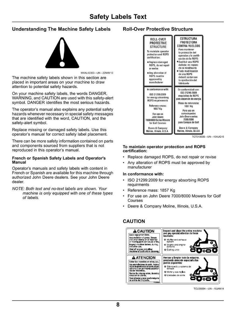 Puede incluir: Una p&aacute;gina de manual titulada &laquo;Safety Labels Text&raquo;. Contiene advertencias, s&iacute;mbolos de seguridad e instrucciones para mantener la protecci&oacute;n del operador. El texto est&aacute; en ingl&eacute;s y espa&ntilde;ol.