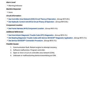 May include: A diagnostic document titled "Communication System Fault" with the code 000639.14. The document lists alarm levels, circuit information, component locations, additional references, and possible causes for the fault. The text is in black on a white background.