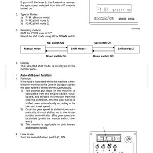 May include: A technical diagram detailing the steering electronic control system from Komatsu. The document explains shift mode and auto-shift-down functions, with diagrams and text. Includes the Komatsu logo and model numbers, with measurements in metric.