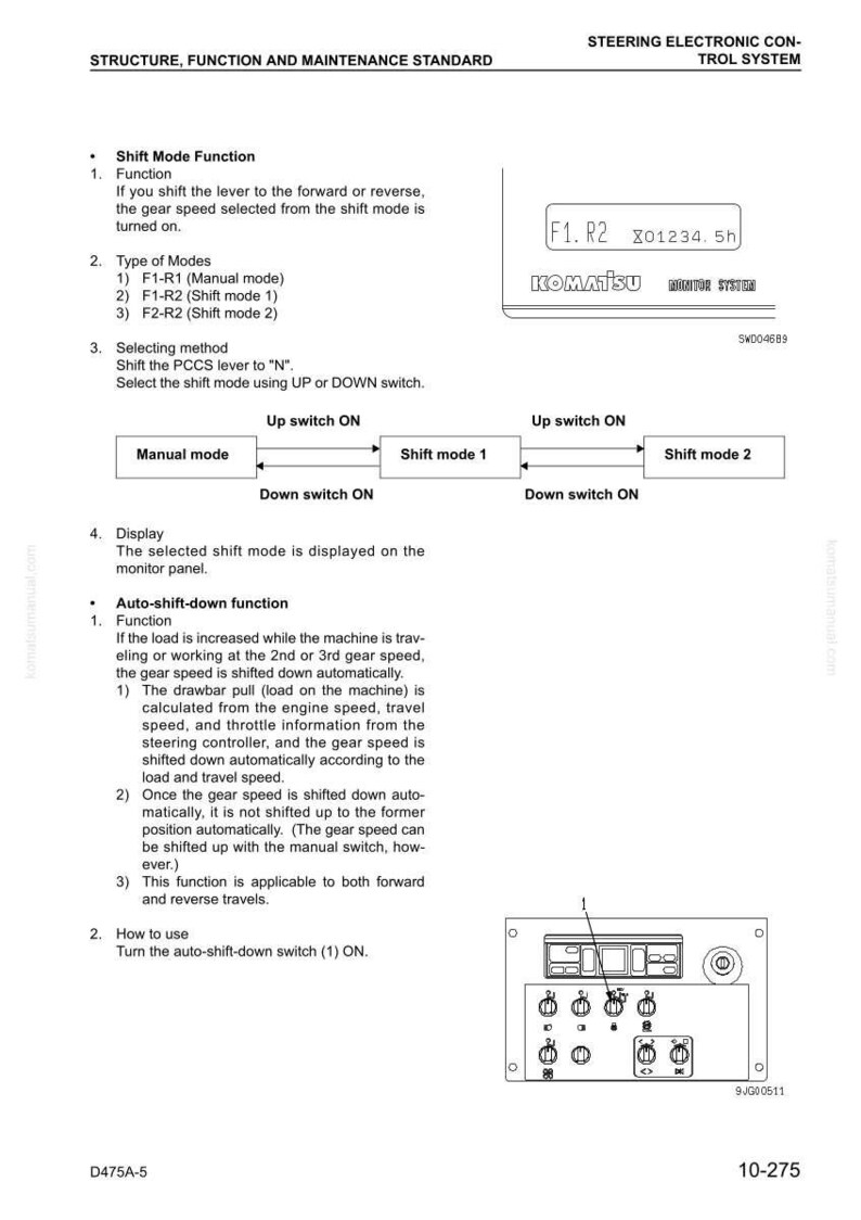 May include: A technical diagram detailing the steering electronic control system from Komatsu. The document explains shift mode and auto-shift-down functions, with diagrams and text. Includes the Komatsu logo and model numbers, with measurements in metric.