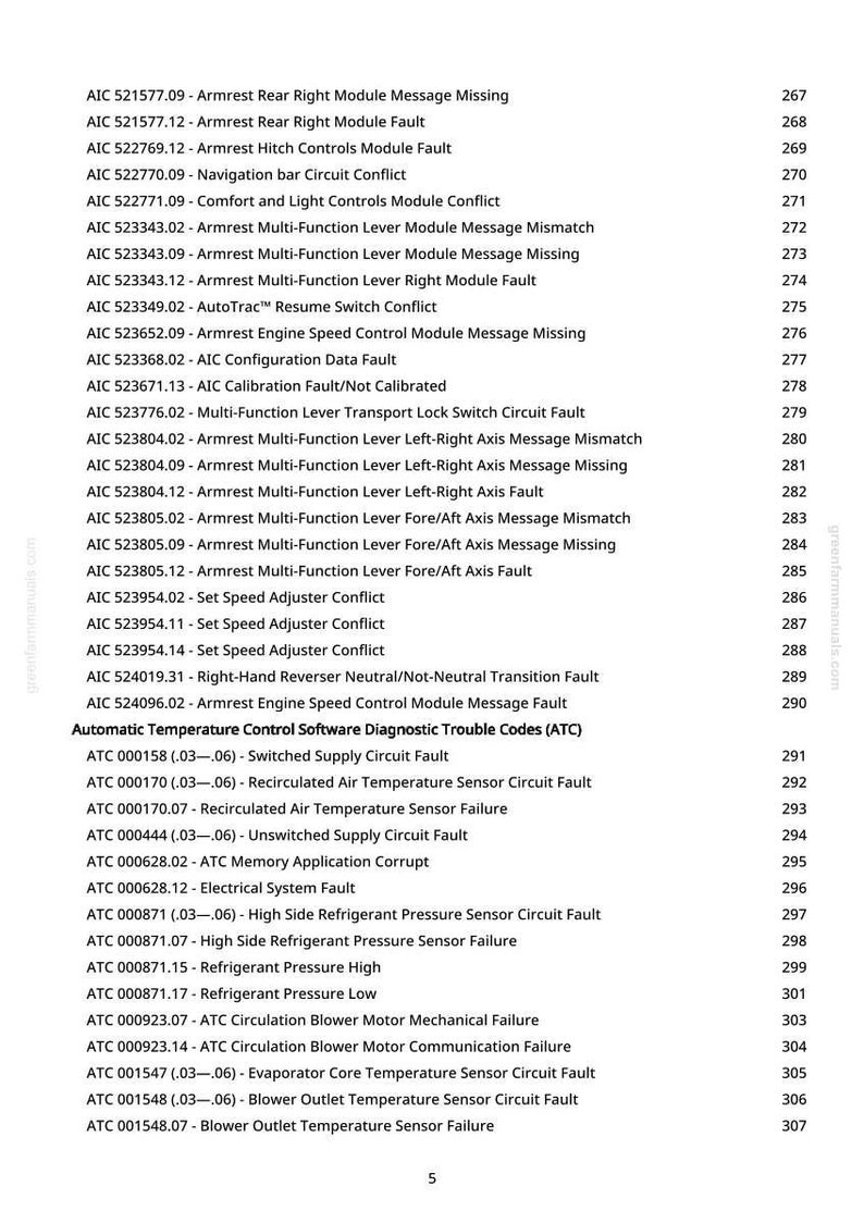 May include: A page from a manual lists diagnostic trouble codes for an automatic temperature control system. The text includes codes related to armrest functions, engine speed, and various sensor failures, with corresponding page numbers.