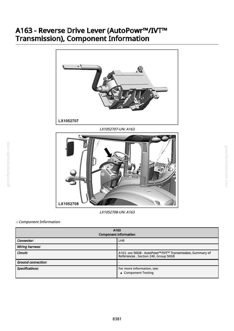 May include: Diagram of a reverse drive lever (AutoPowr/IVT Transmission) component. The image includes a detailed view of the lever and a tractor cab interior with the lever's location. Text includes component information and specifications.