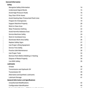 May include: A black and white document titled "Table of Contents" with a list of safety and maintenance topics. The document includes sections on general information, safety, lubricants, and specifications. Page numbers are listed on the right.