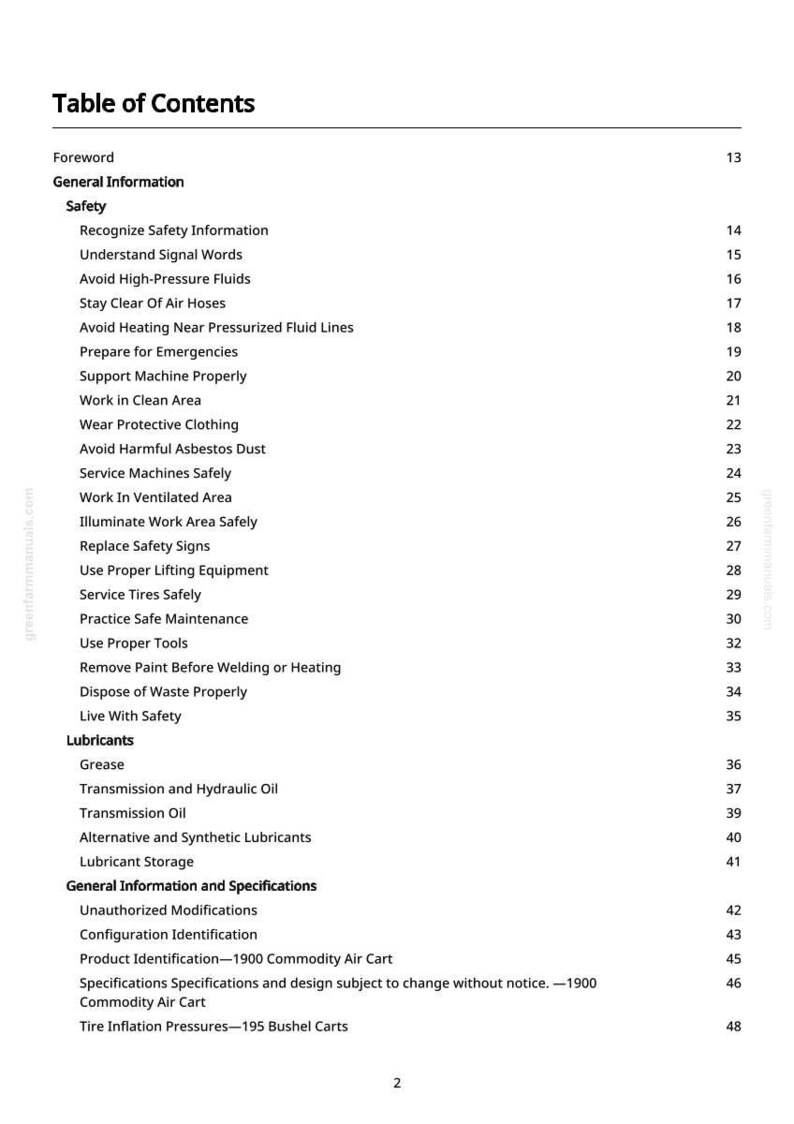 May include: A black and white document titled "Table of Contents" with a list of safety and maintenance topics. The document includes sections on general information, safety, lubricants, and specifications. Page numbers are listed on the right.