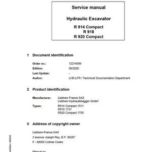 リープヘル R 914 コンパクト R 918 R 920 コンパクト油圧ショベル サービスマニュアル PDF | ワークショップ修理 | 即時ダウンロード 画像 2