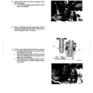Op de afbeelding: Diagram uit een handleiding met de demontage en montage van een transmissie. De afbeelding bevat gedetailleerde illustraties van tandwielen, koppelingen en lagers, met labels en instructies voor elke stap. Tekst bevat "DEMONTAGE EN MONTAGE" en "TRANSMISSIE".