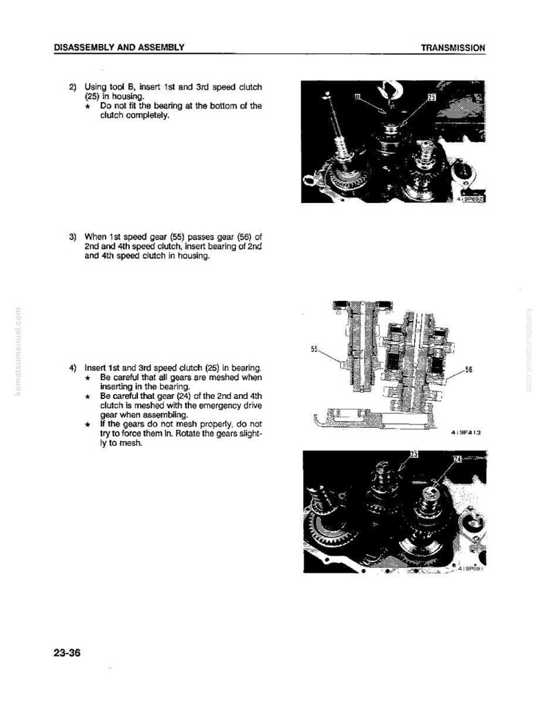 Op de afbeelding: Diagram uit een handleiding met de demontage en montage van een transmissie. De afbeelding bevat gedetailleerde illustraties van tandwielen, koppelingen en lagers, met labels en instructies voor elke stap. Tekst bevat "DEMONTAGE EN MONTAGE" en "TRANSMISSIE".