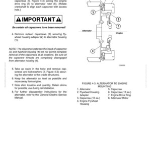 May include: Diagram of an alternator to engine mounting assembly, with labels for each component. Includes a warning and instructions for removing capscrews and other parts. The diagram is from a service manual.
