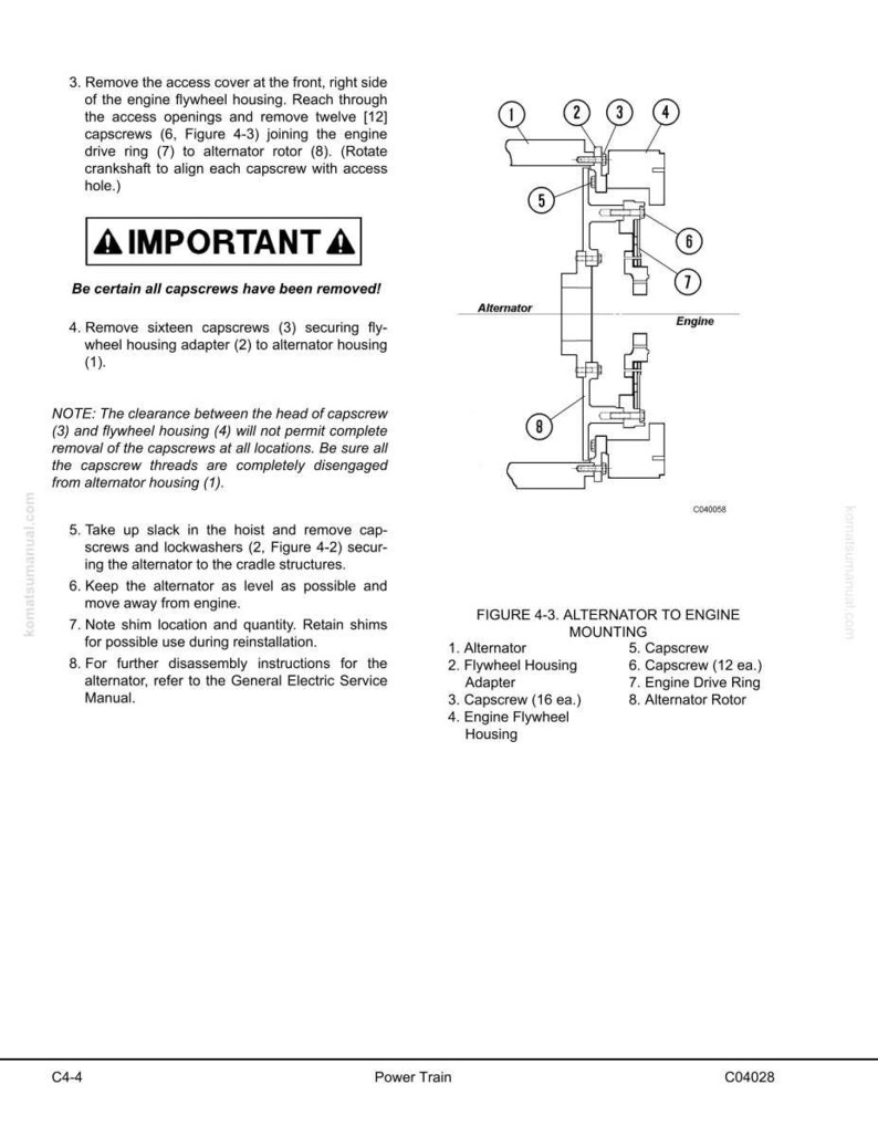 May include: Diagram of an alternator to engine mounting assembly, with labels for each component. Includes a warning and instructions for removing capscrews and other parts. The diagram is from a service manual.