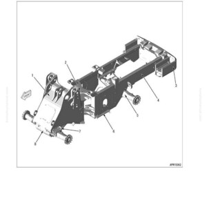 May include: Diagram of an undercarriage and frame assembly, including axle mount and center hinge pin. The image is a technical illustration with numbered components and the word "FRONT" indicated with an arrow. The model number is WA200-7.