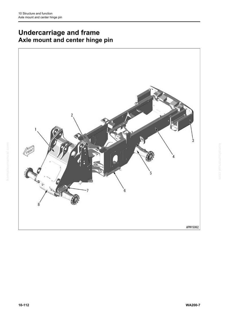 May include: Diagram of an undercarriage and frame assembly, including axle mount and center hinge pin. The image is a technical illustration with numbered components and the word "FRONT" indicated with an arrow. The model number is WA200-7.