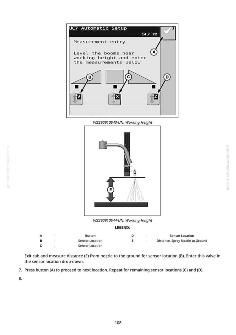 May include: Diagram of the UC7 Automatic Setup, showing measurement entry instructions. Includes labeled sections for sensor locations and a diagram of a spray nozzle. Text includes instructions for measuring and entering distances.