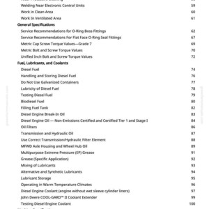 Pu&ograve; includere: Pagina di un manuale con un sommario. Il testo include argomenti come "Carburante, lubrificanti e refrigeranti", "Carburante diesel" e "Test del carburante diesel". I numeri di pagina sono a destra.