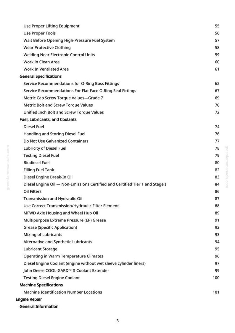 Pu&ograve; includere: Pagina di un manuale con un sommario. Il testo include argomenti come "Carburante, lubrificanti e refrigeranti", "Carburante diesel" e "Test del carburante diesel". I numeri di pagina sono a destra.
