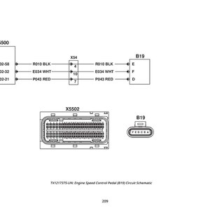 May include: A schematic diagram of an engine speed control pedal circuit. The diagram includes labeled components such as A5500, X54, B19, and X5502. The text "TX1217375-UN: Engine Speed Control Pedal (B19) Circuit Schematic" is also present.
