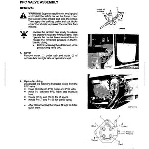 May include: A page from a manual detailing the disassembly and assembly of a PPC valve assembly. The page includes diagrams, warnings, and instructions for removal and hydraulic piping, with labels and part numbers.