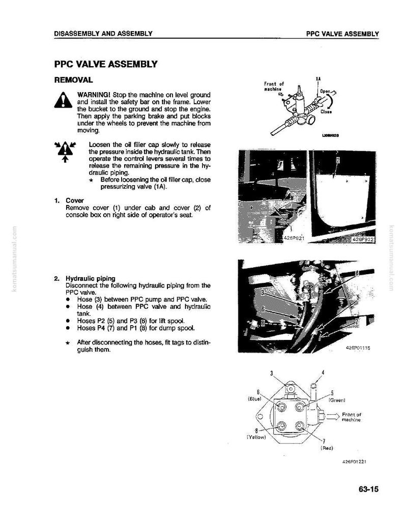 May include: A page from a manual detailing the disassembly and assembly of a PPC valve assembly. The page includes diagrams, warnings, and instructions for removal and hydraulic piping, with labels and part numbers.