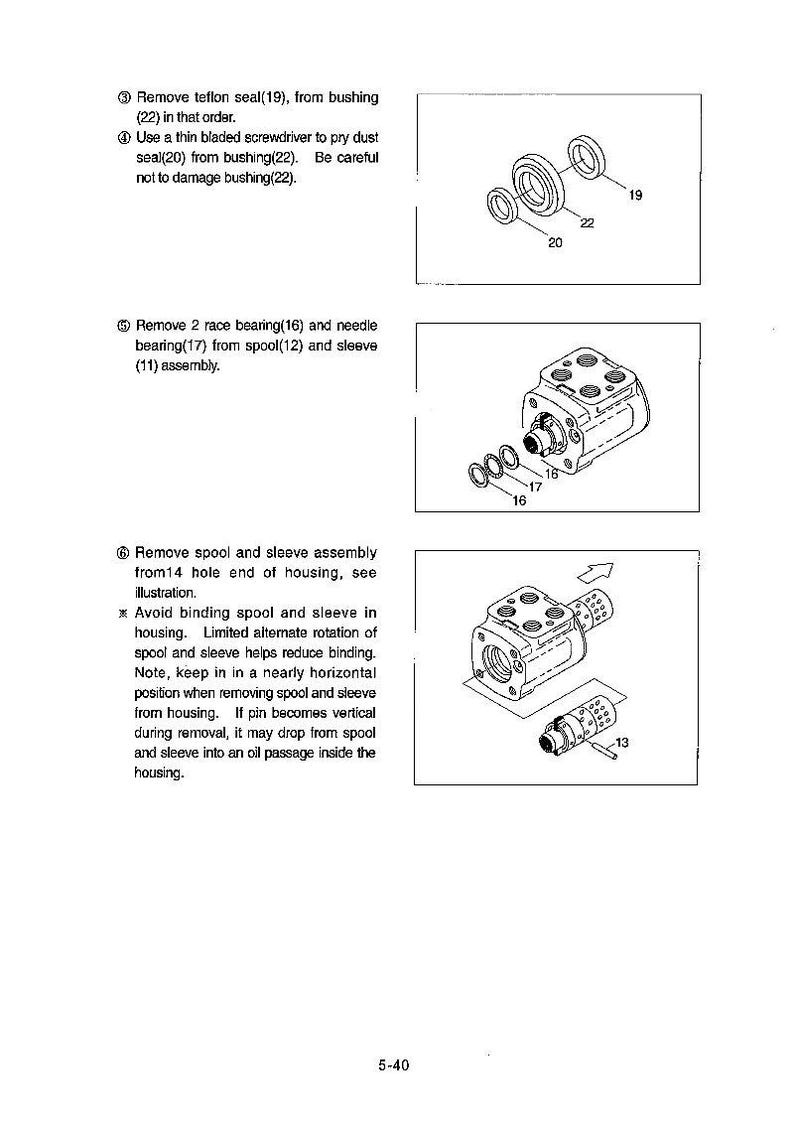 May include: Diagram of mechanical components, including seals, bearings, and a spool assembly. The image provides instructions for disassembly, with labels and arrows indicating the order and method of removal for each part. The text includes warnings about potential damage.