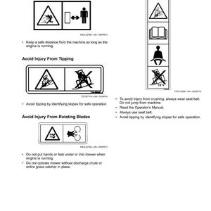 May include: A white page featuring black safety labels and warnings. The labels warn against injury from thrown objects, crushing, tipping, and rotating blades. The page includes safety instructions and diagrams.